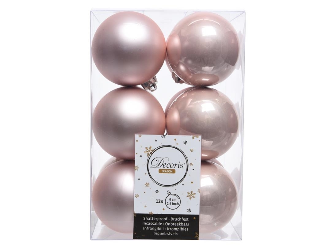 12 onbreekbare kerstballen poeder roze 6 cm