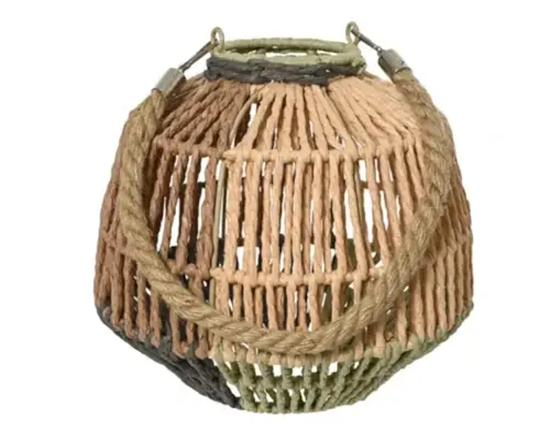 Decoris Windlicht papiertouw 23 cm groen/bruin