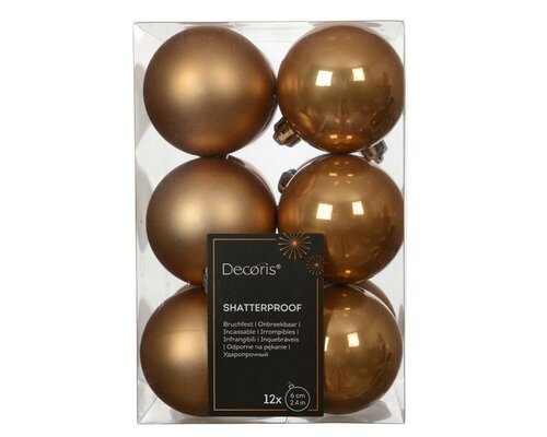 12 onbreekbare kerstballen karamel bruin 6 cm - afbeelding 1