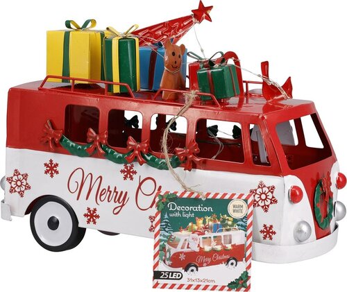 Kerstman in kerstbus wit / rood 31 cm