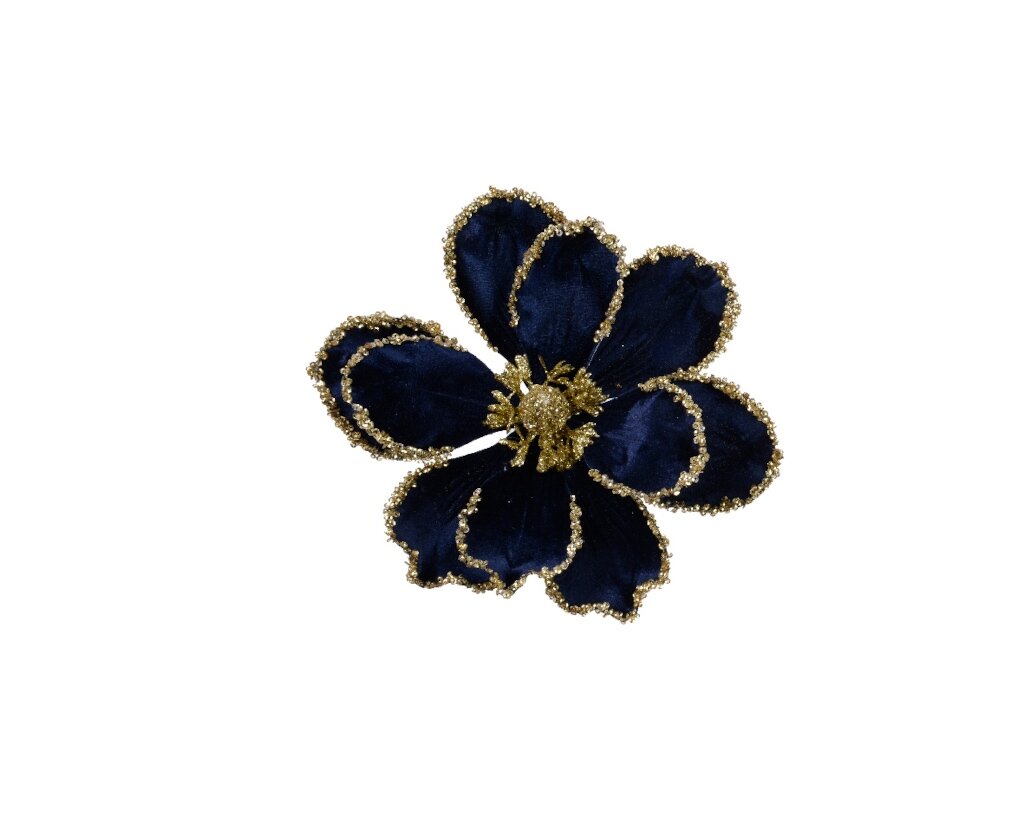 Magnolia fluweel op clip 24 cm nacht blauw glitters