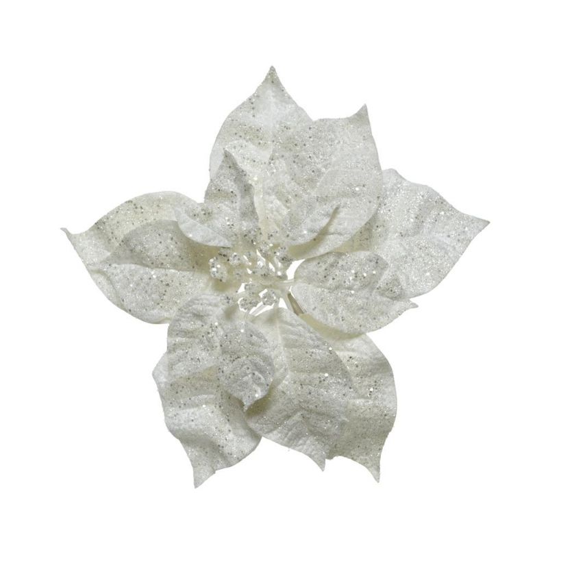 Poinsettia stof op clip 26 cm wit