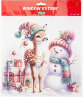 Raamsticker hert met sneeuwpop cadeaus 30x30 cm