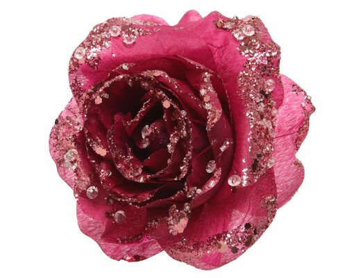 Roos op clip met glitters 14 cm magnolia