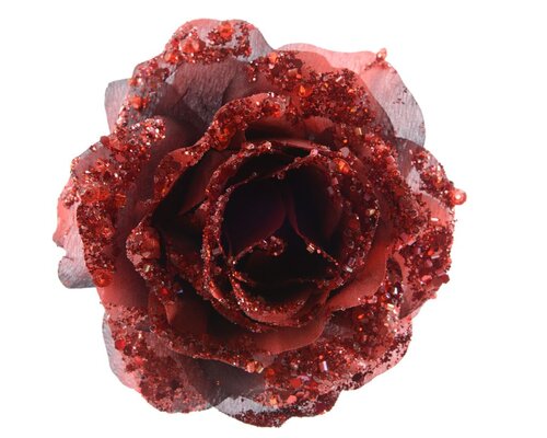 Roos op clip met glitters 14 cm ossenbloed