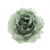 Roos op clip met glitters 14 cm salie groen