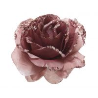 Roos op clip met glitters 14 cm velours roze