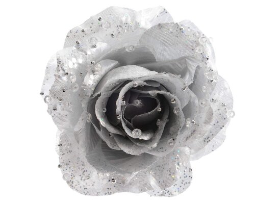 Roos op clip met glitters 14 cm zilver