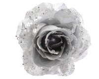 Roos op clip met glitters 14 cm zilver